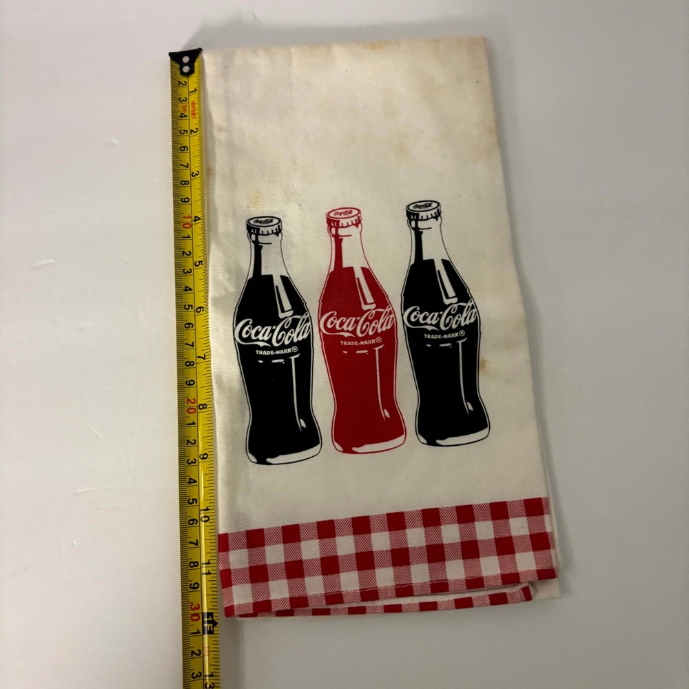 Coca-Cola Kitchen Tea Towel 25x13 Red Gingham Coke Bottles Retro - Picture 4 of 6